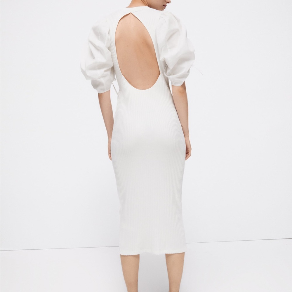 Zara Ribbed Knit Puff Sleeve Back Cutout Midi Dress NWT - Picture 8 of 16
